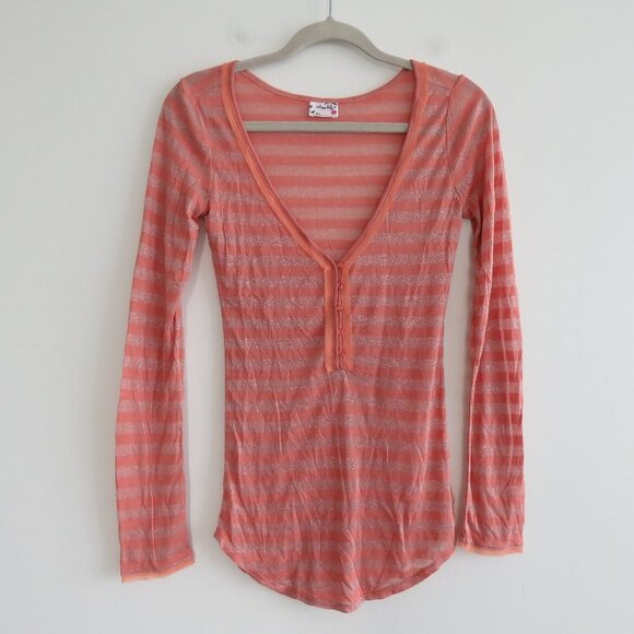 FREE PEOPLE Peach Metallic Striped V-Neck Henley Top - Size S - Picture 2 of 16
